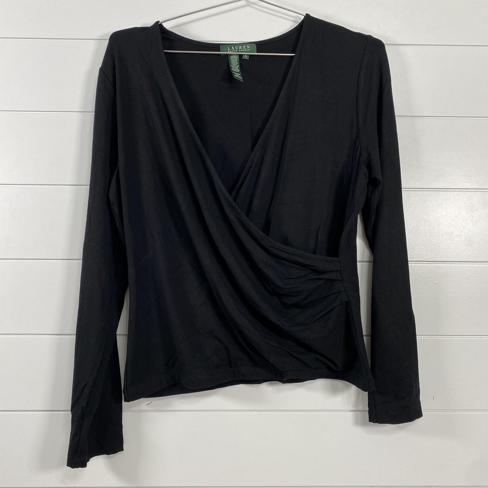 Lauren Ralph Lauren Shirt Womens XL Black Surplice Wrap Long Sleeve Top Stretch